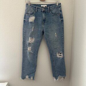Urban Revivo Distressed Straight Leg Jeans Split Raw Hem Zip Button Closure Blue